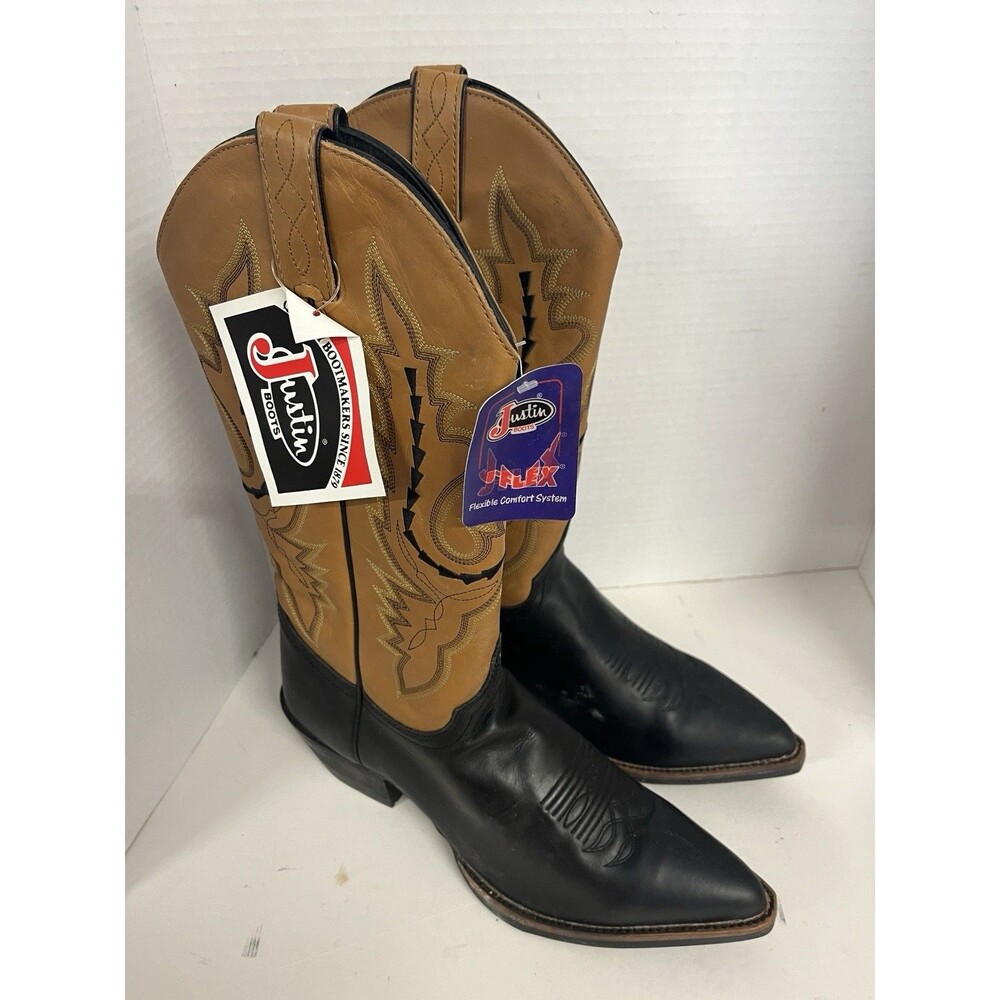 Vintage Justin Boots Women’s 10B Black Tan Stitched Calf Style L4986 New In Box
